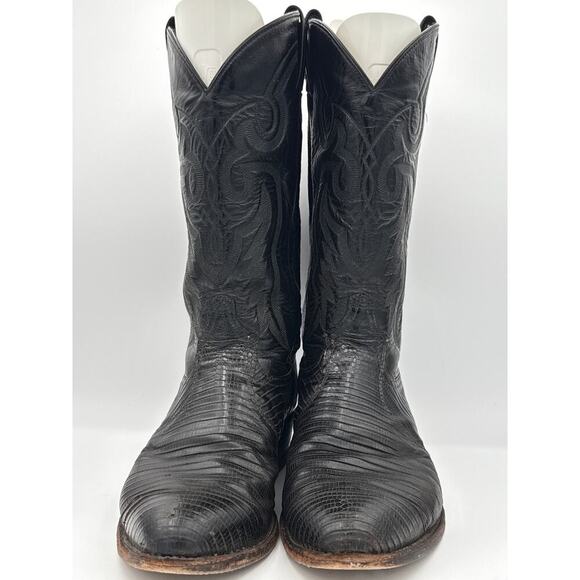 Men’s Tony Lama Black Kirkland Leather Lizard Skin Boots Sz 9 EE - Picture 2 of 8